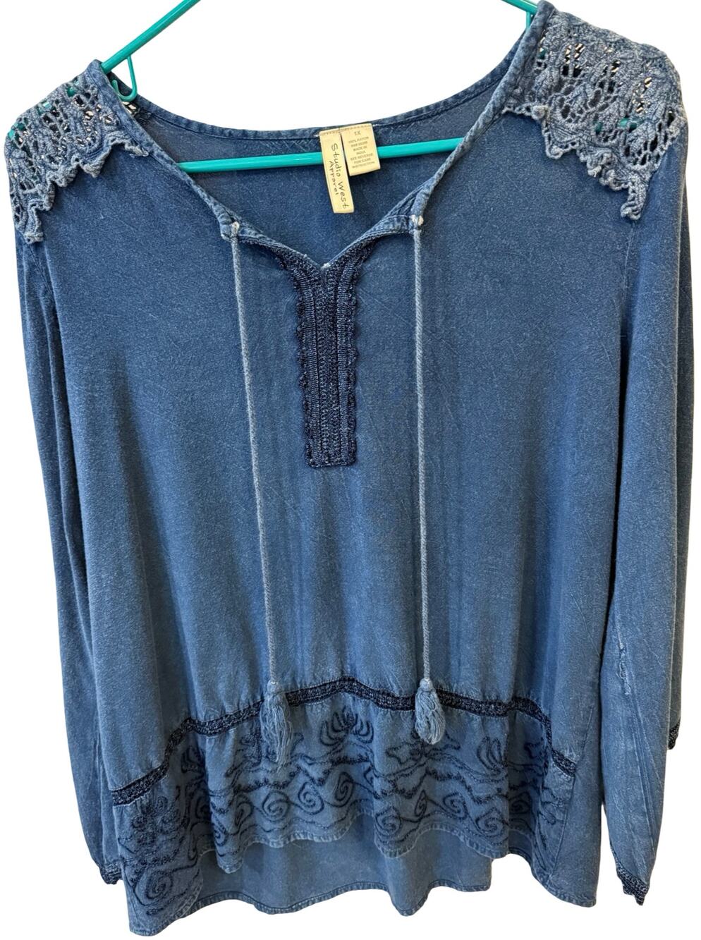 Studio West 1X Blue Boho Tunic Top Lace Embroidered Tassel Peasant Western